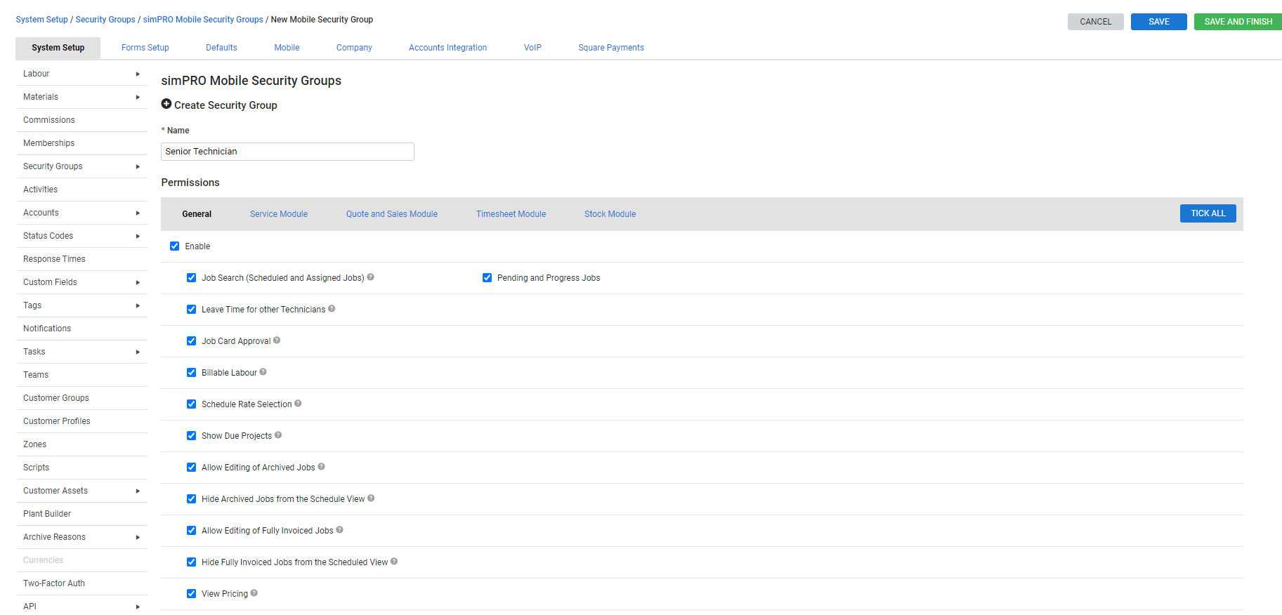 A screenshot of the Simpro Mobile Security Groups page.